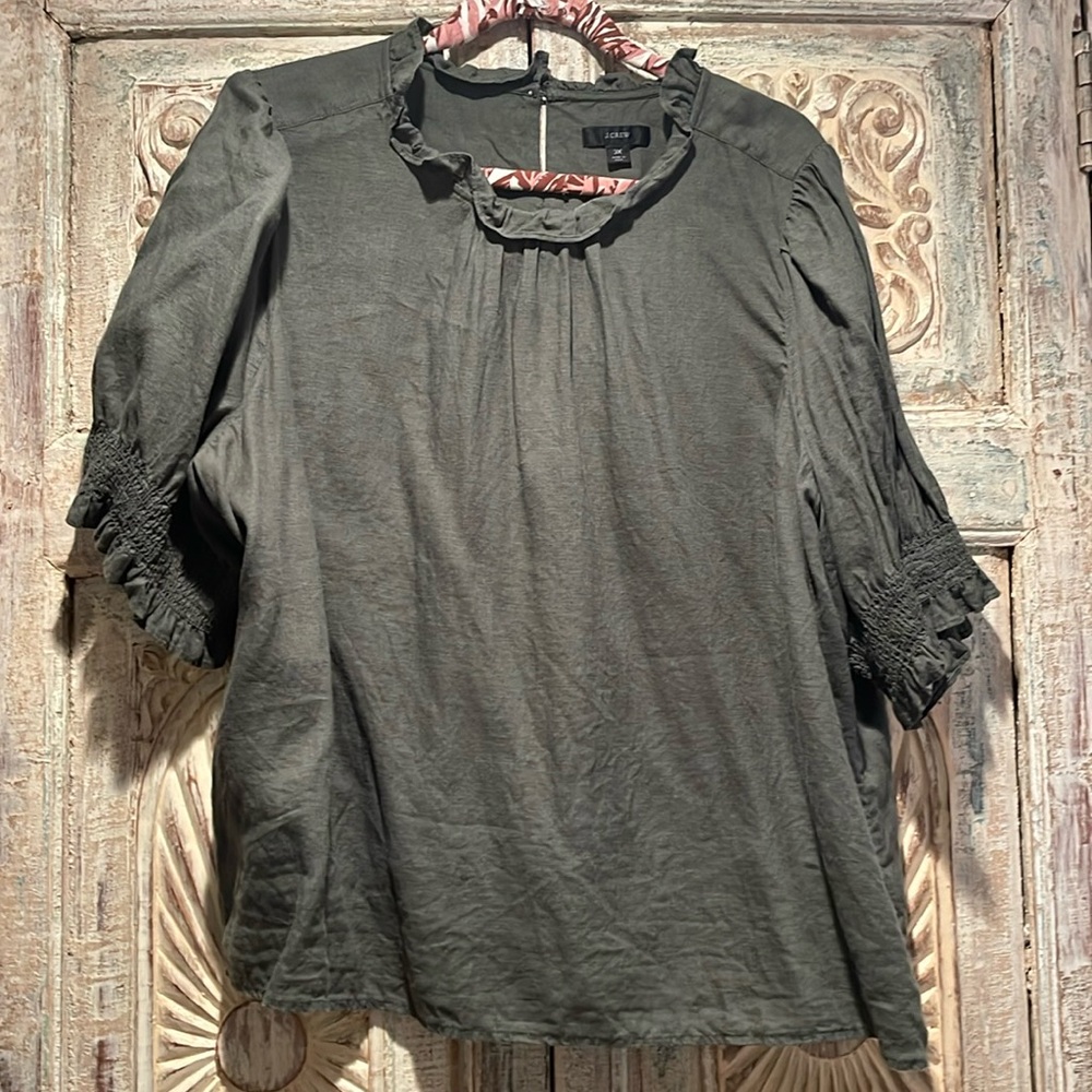 EUC J.Crew Smocked Puff Sleeve Linen Blouse /3X/